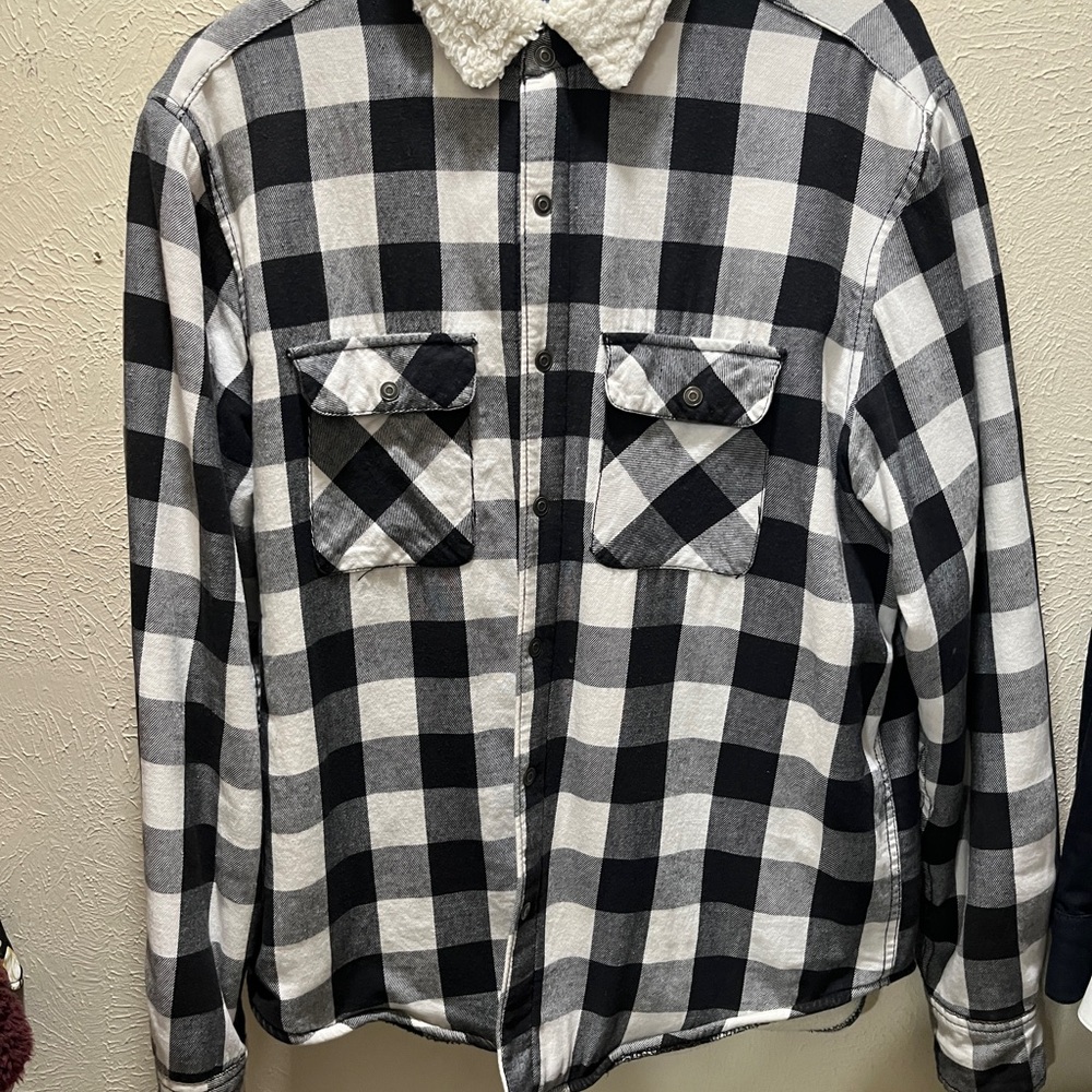 Black and White Plaid Fleece-Lined Jacket